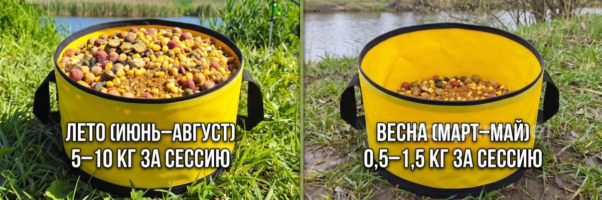 Весной объём прикормки сокращаем в 5–7 раз по сравнению с летом Весной объём прикормки сокращаем в 5–7 раз по сравнению с летом